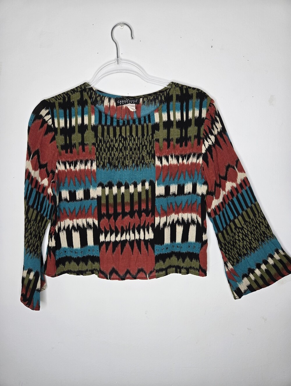 Carole Little Southwestern Boho Cropped Top Size XS Multicolor Bell Sleeves USA
